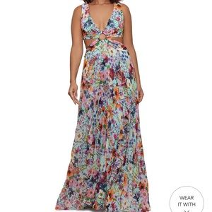 Aqua floral printed cutout dress gown